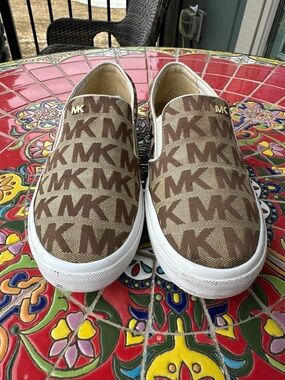Michael Kors Brown Tan MK Logo Slip-On Sneakers